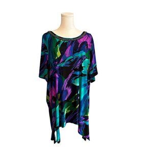 Maggie Barnes 1X Plus Soft Stretchy Art to Wear Beaded Colorful Casual Blouse
